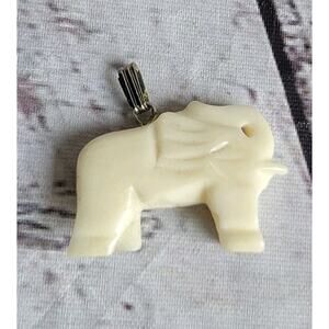 Elephant Trunk Up Ivory Colored Resin Silver Tone Loop Necklace Charm Pendent